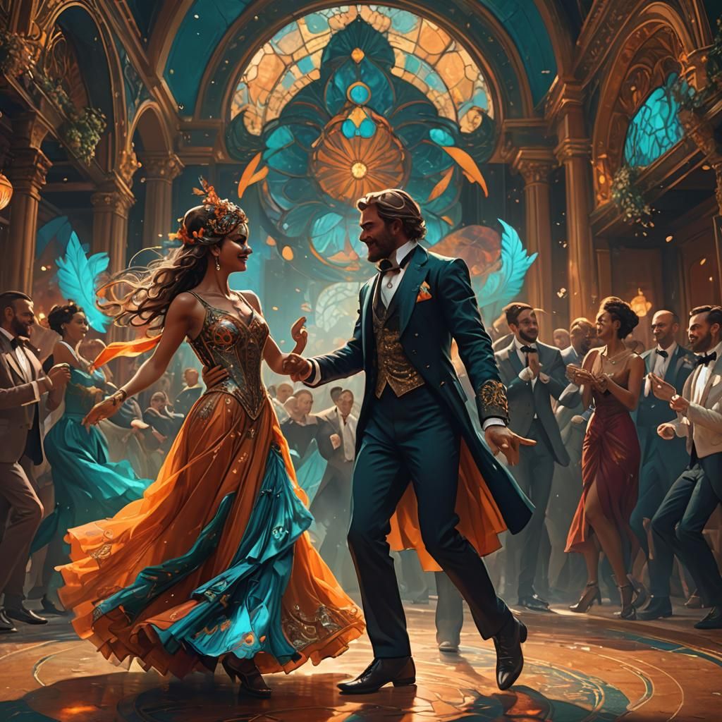 Elegant Masquerade Ball Dance in Digital Art Style