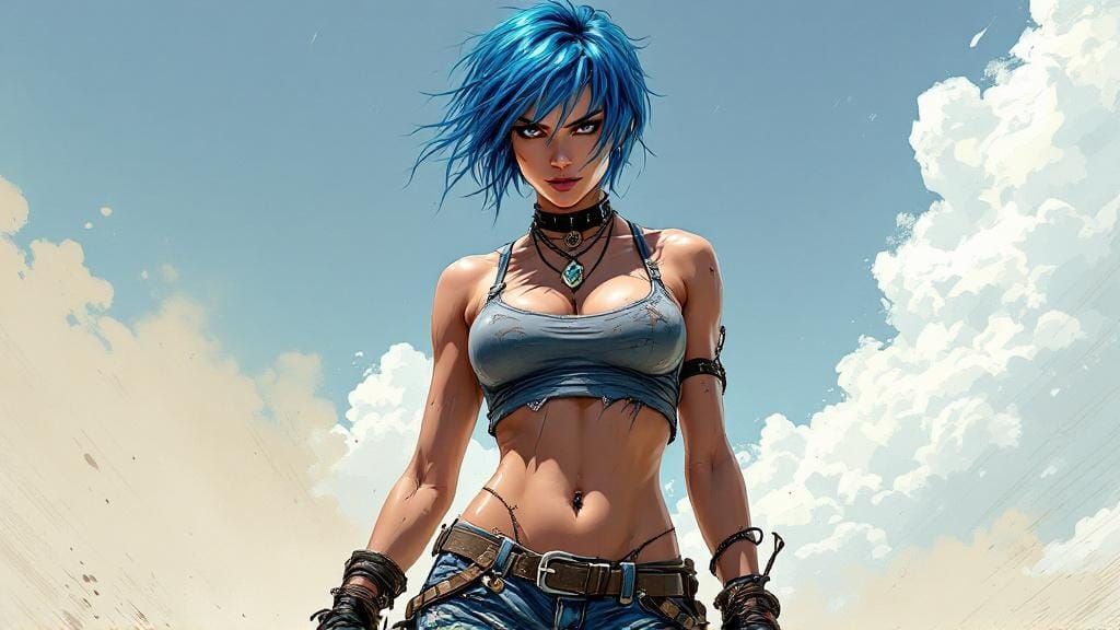 Defiant Blue-Haired Woman in Dynamic Comic Style
