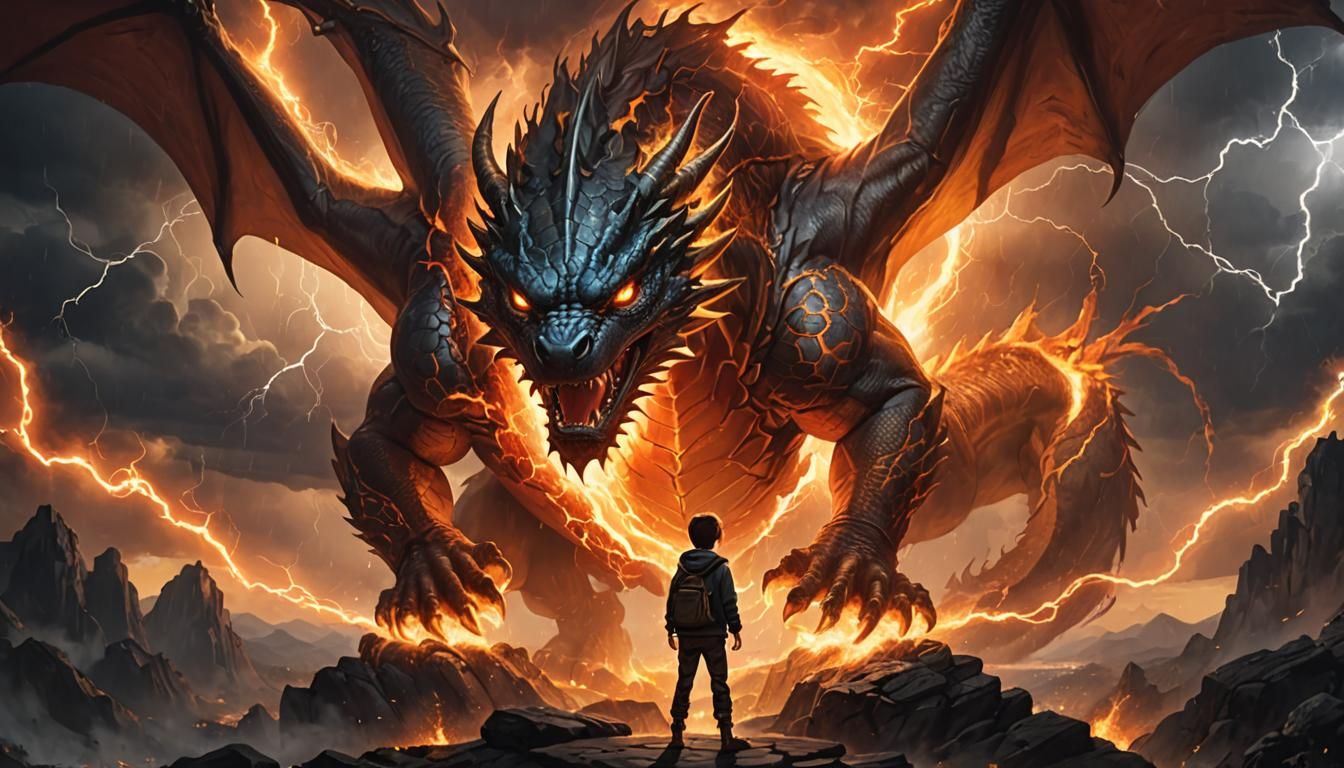 Boy and Fire Dragon in Thunderstorm
