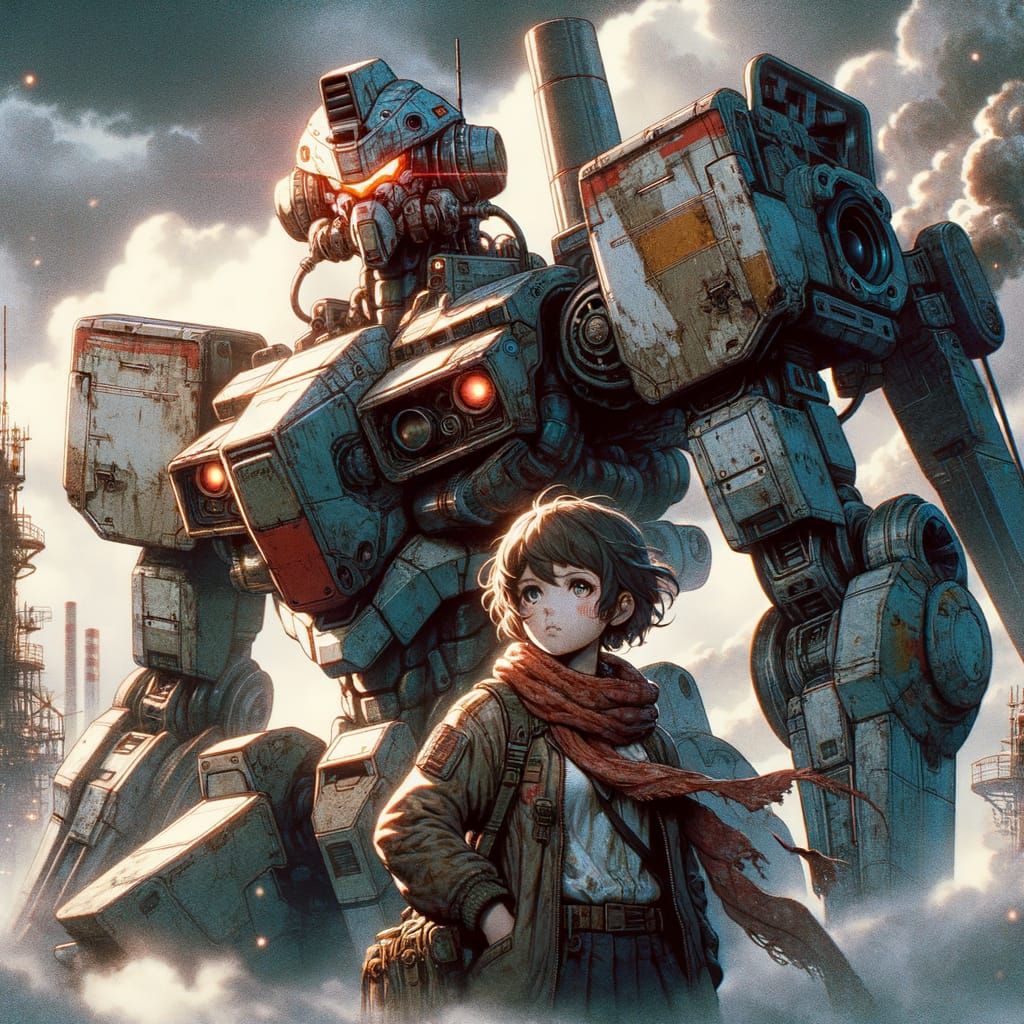 Anime Mecha with Young Girl in Wasteland