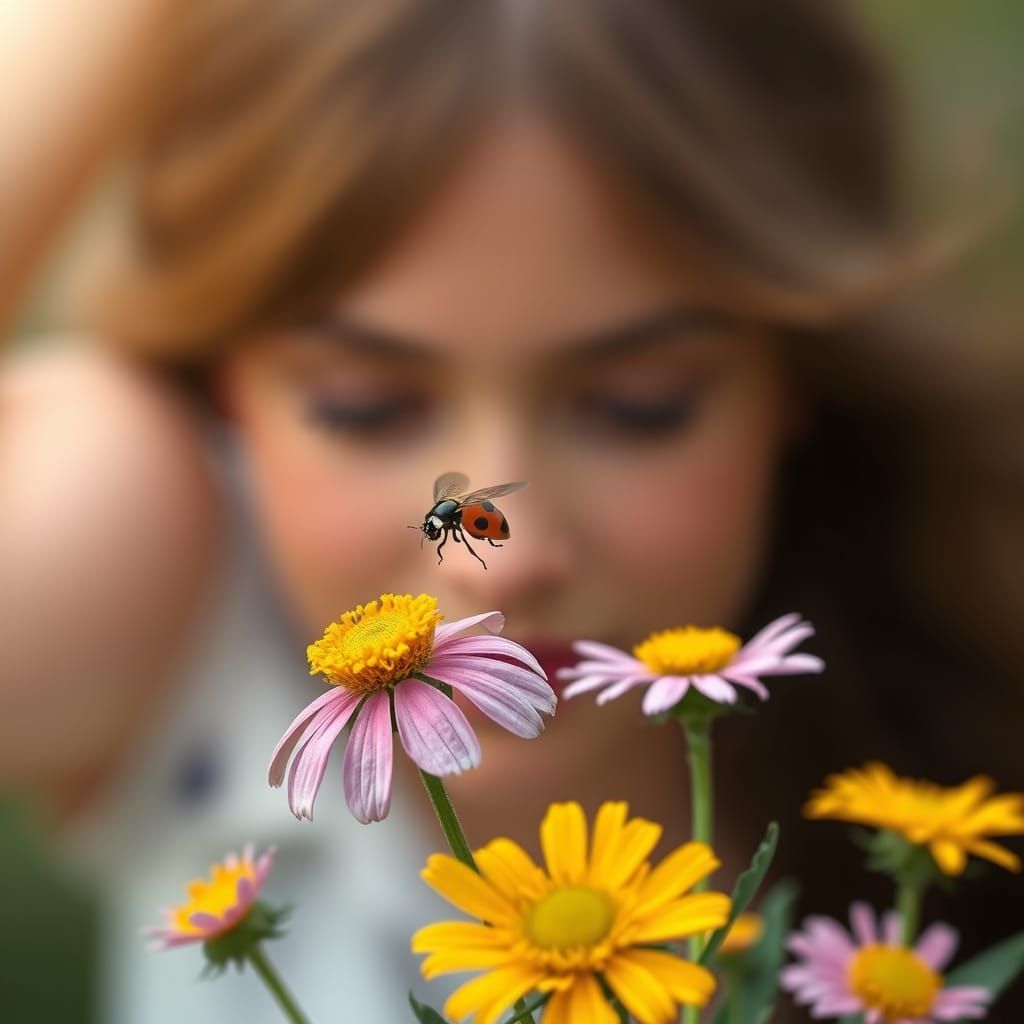 Hyperrealistic Ladybug in Flight Over Flowers