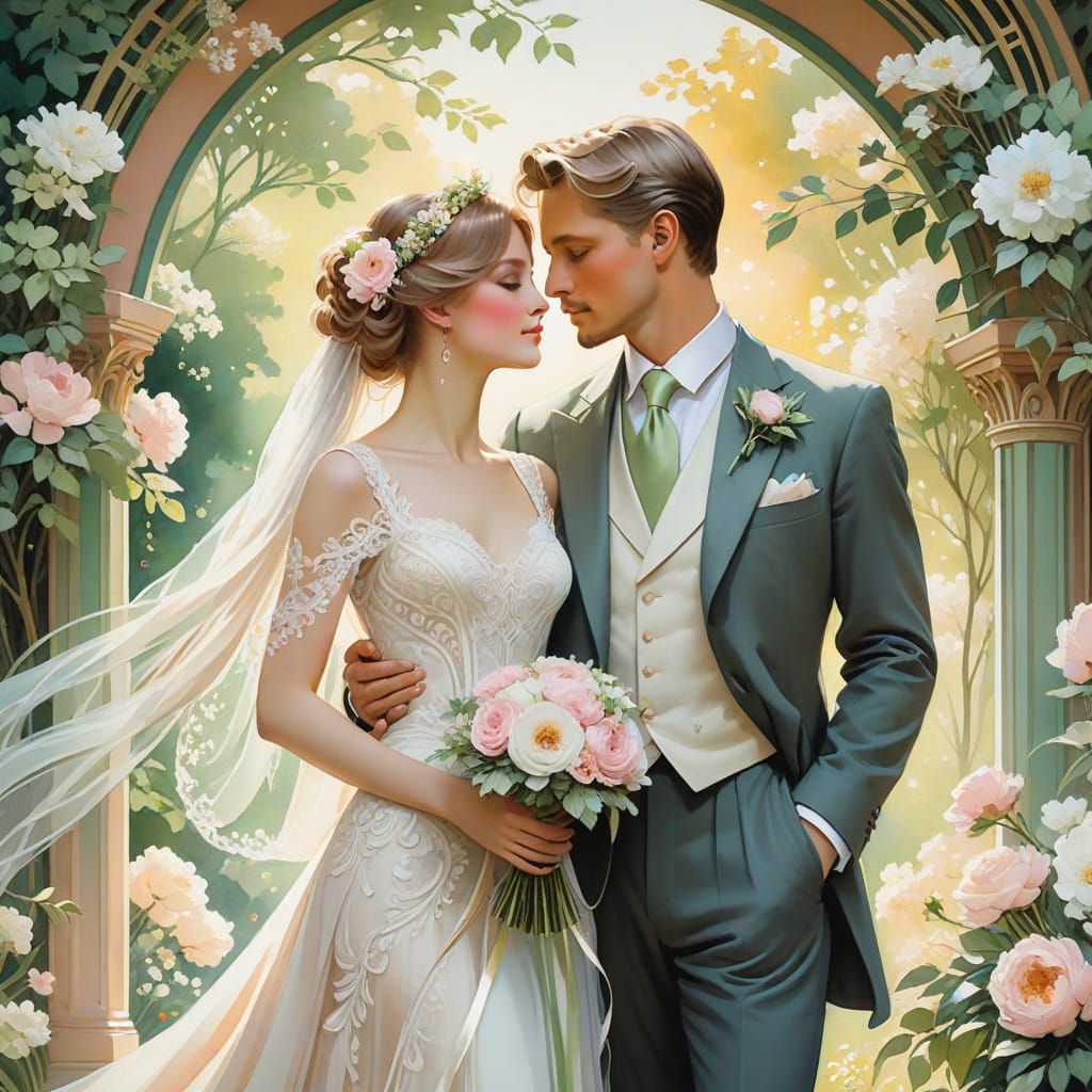 Elegant Art Nouveau Wedding Portrait in Watercolor