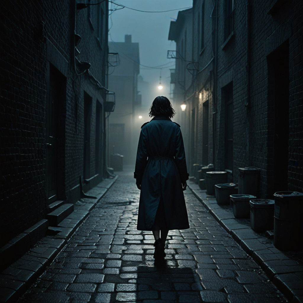 Ethereal Woman in Misty Alleyway, Cinematic Film Still