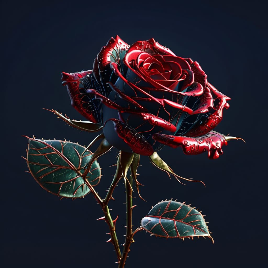 Filigree Red Rose with Thorns in Maximalist Style