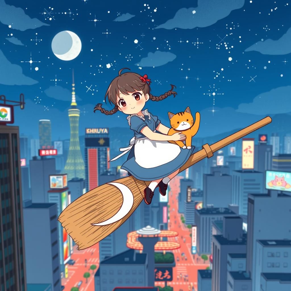 Cute witch riding on her broom over Shibuya Tokyo Japan.