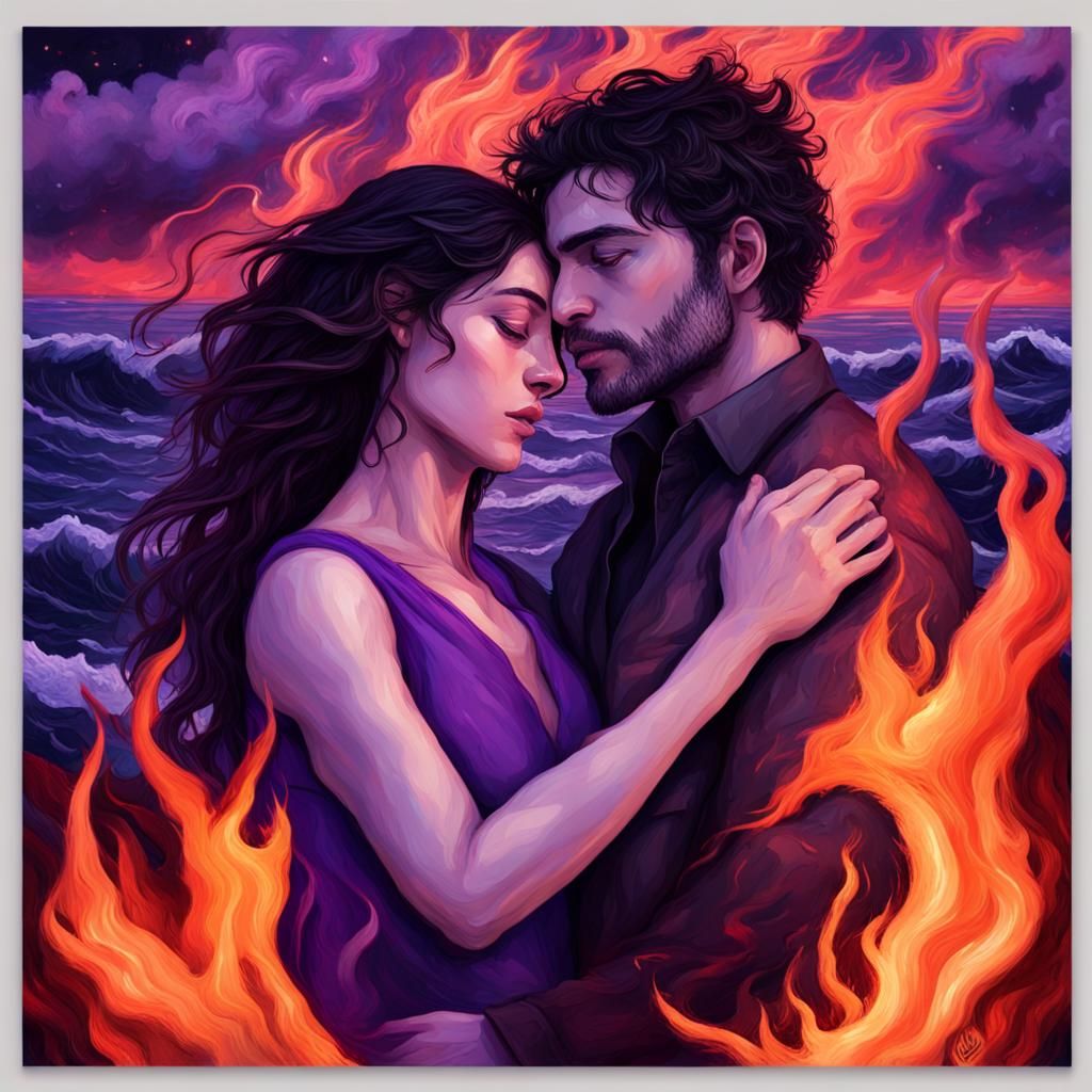 Lovers Embracing in Flames: A Digital Painting