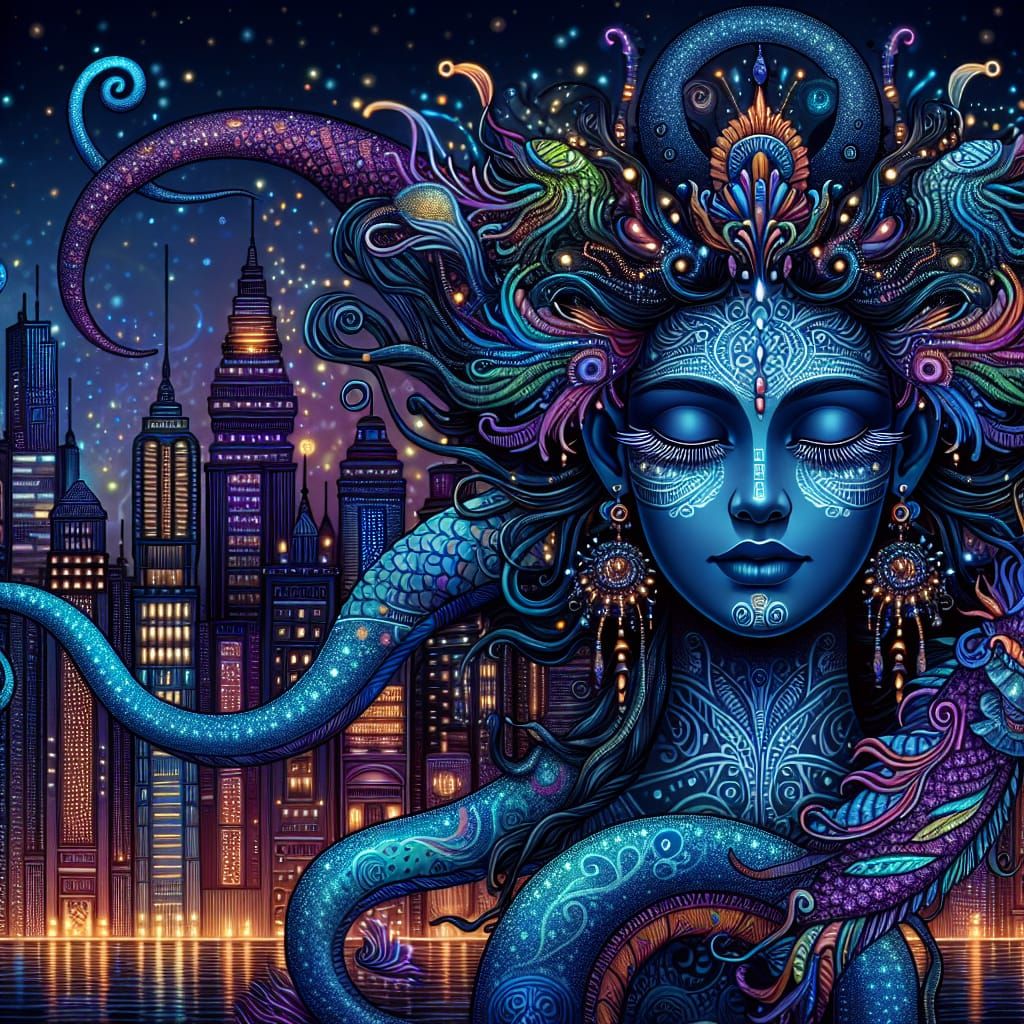 Stylized Blue-Skinned Woman in a Neon Cityscape