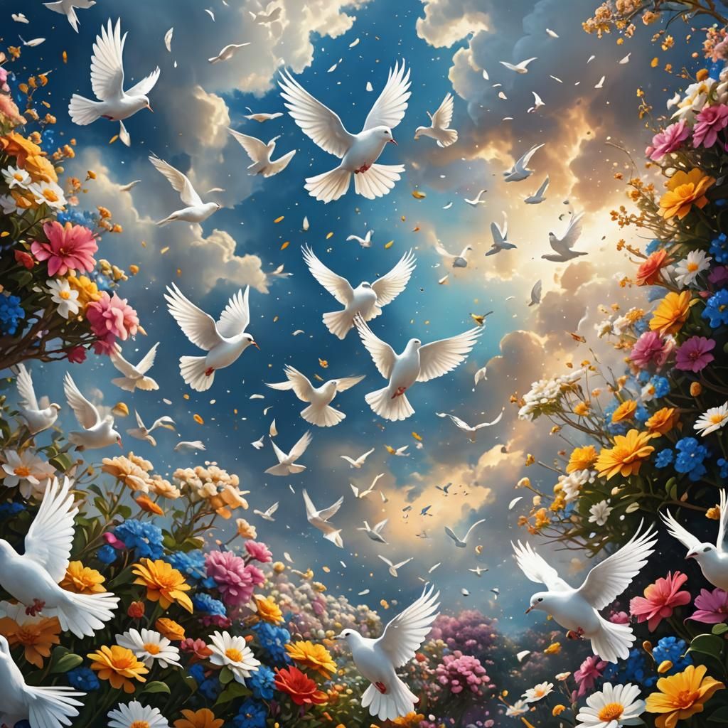 Heavenly Doves Ascend in Floral Fantasy