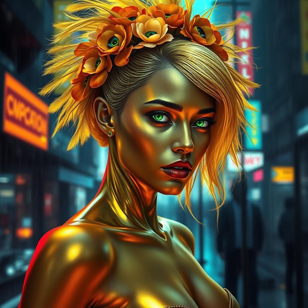 Cyberpunk Woman with Gold Skin and Peacock Feathers