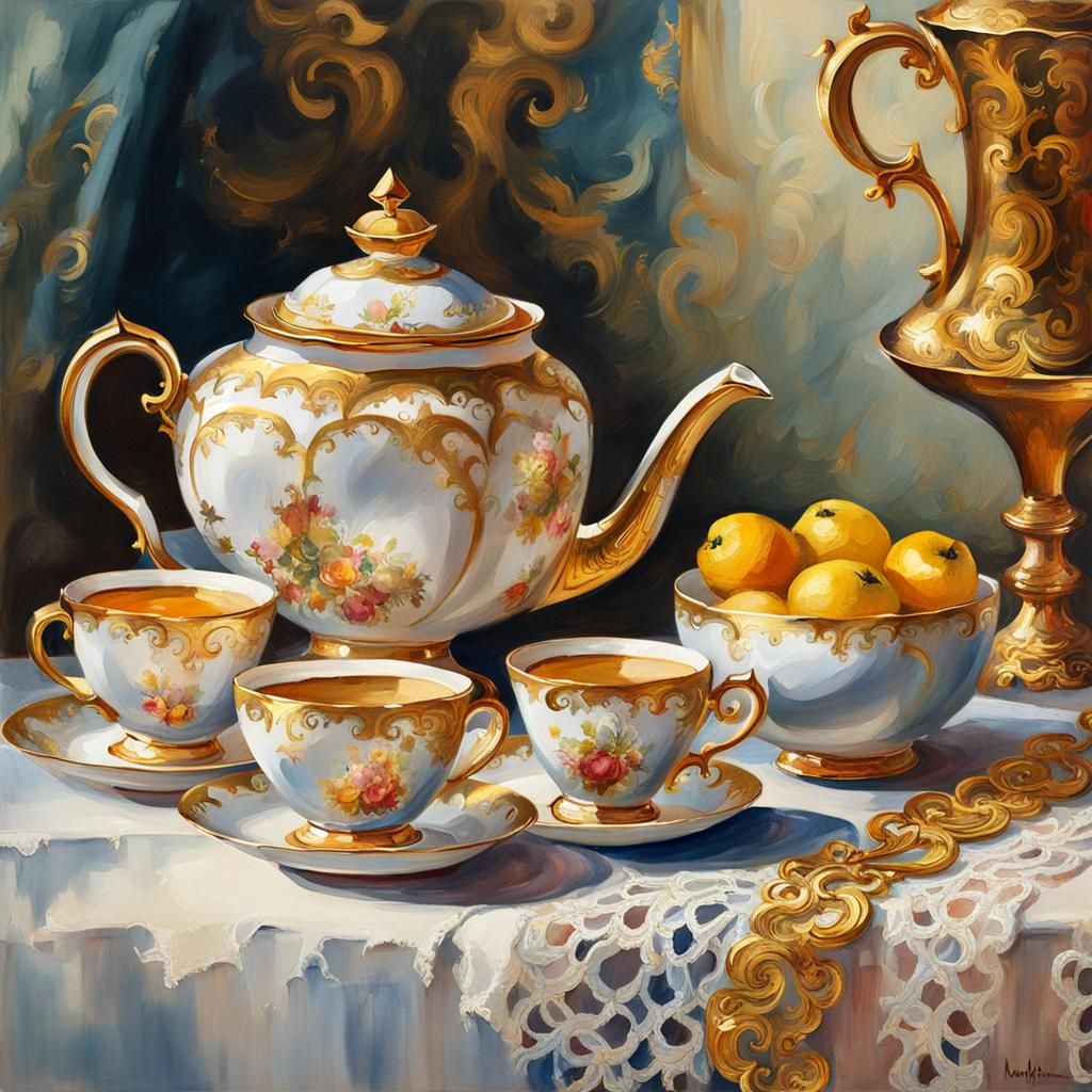 Elegant Tea Table in Gouache Style