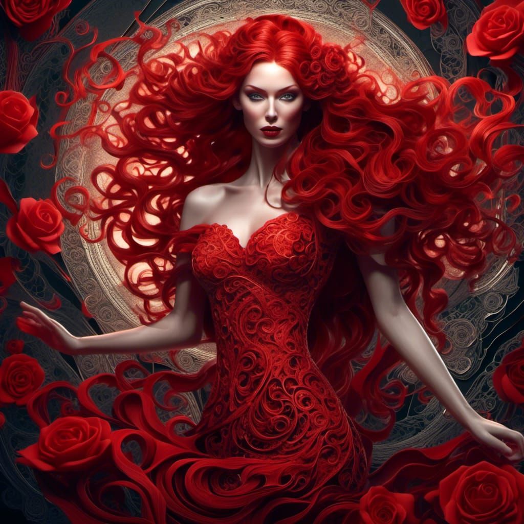 Ethereal Fantasy Maiden in Vibrant Red Attire