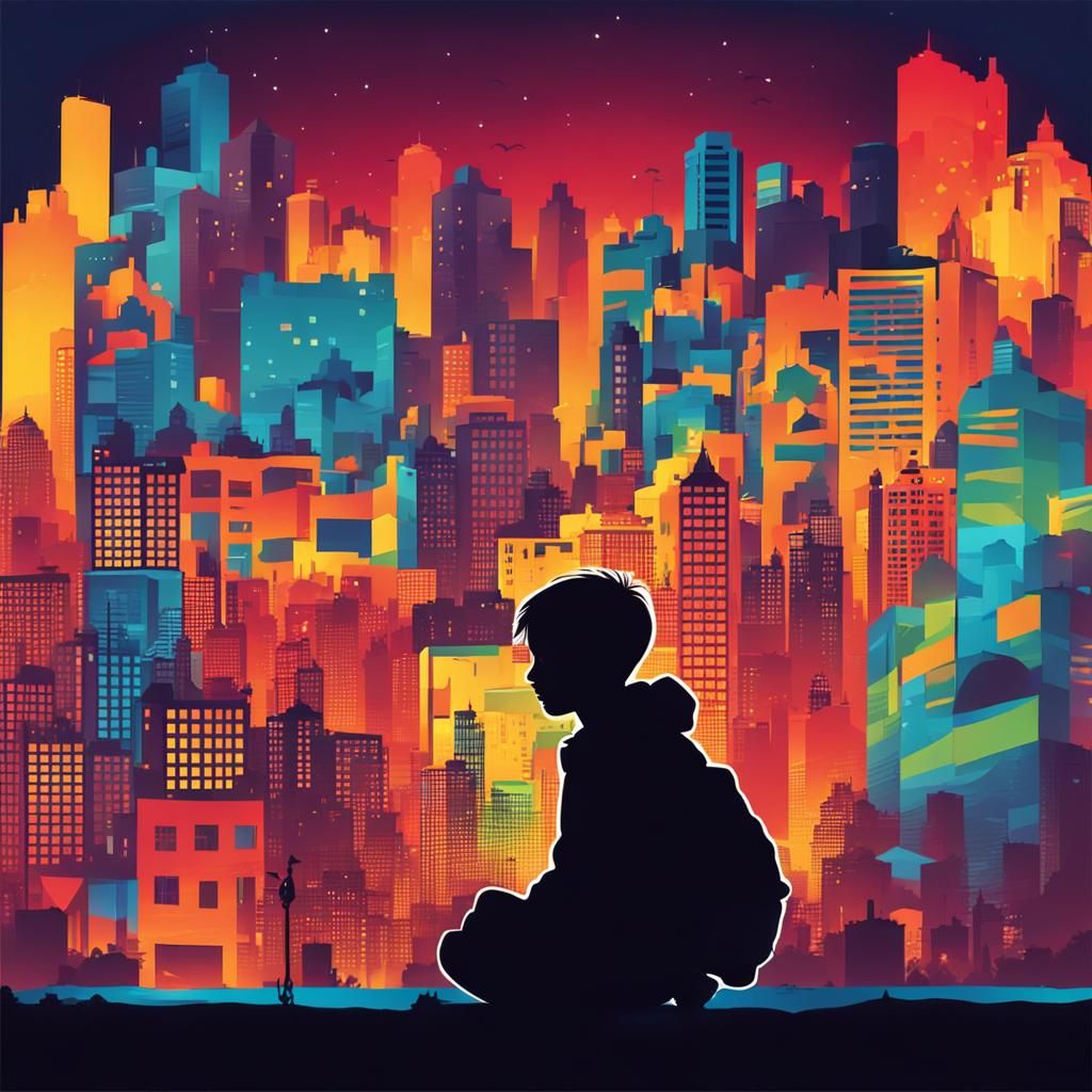 Silhouette of Boy in Colorful Cityscape
