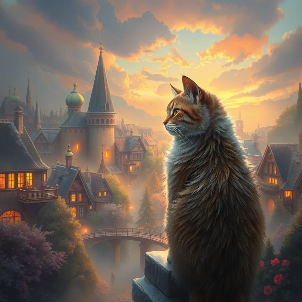 Surreal Cat Contemplates Cityscape