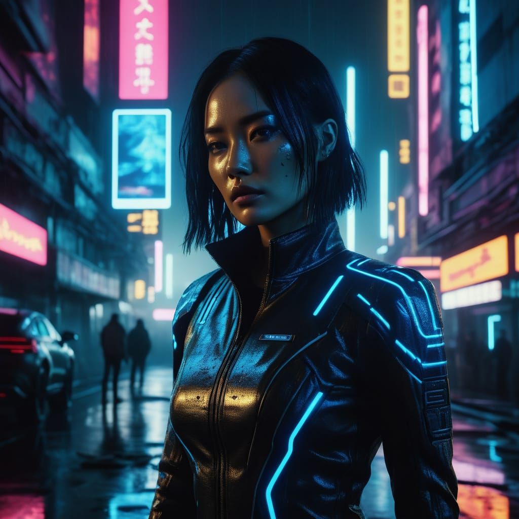 Cyberpunk Superheroine Illuminated by Electric Blue Neon