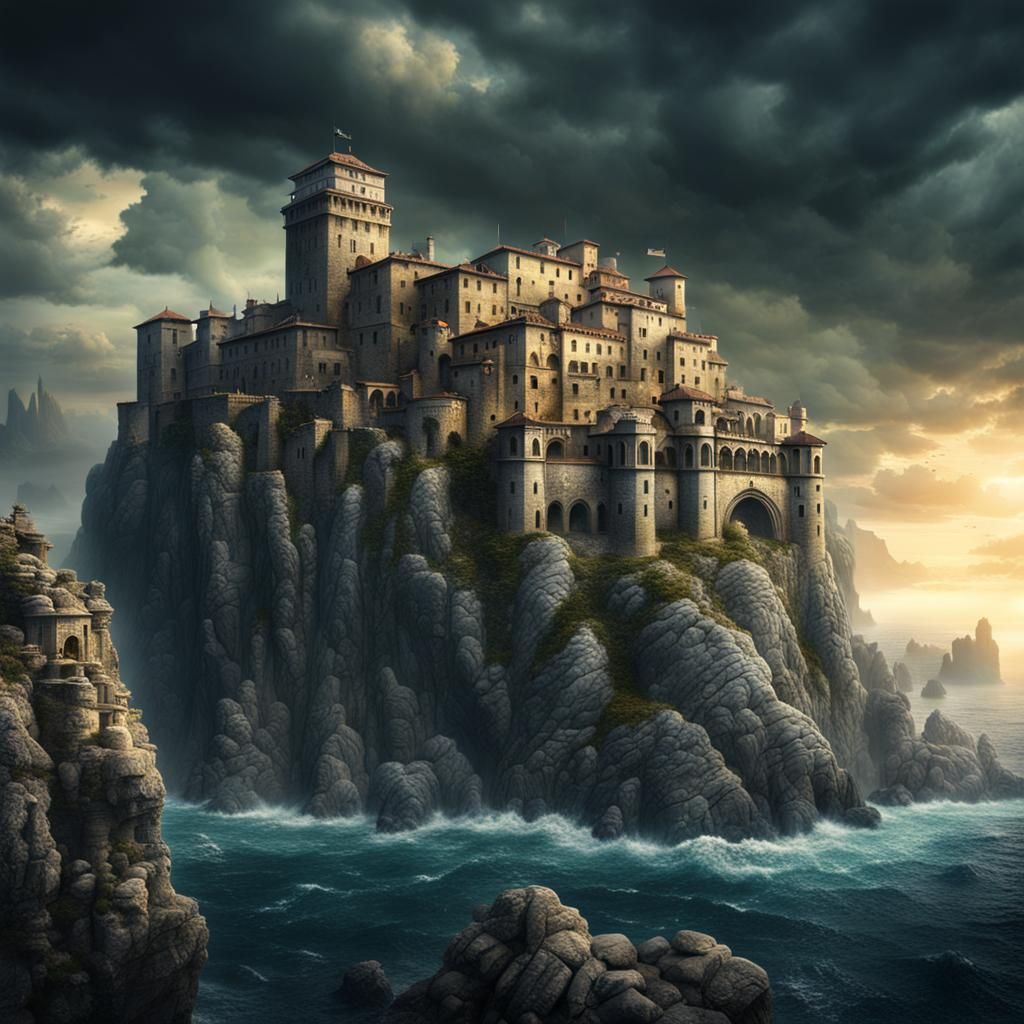 Dark Fantasy City Fortress on Sea Cliff