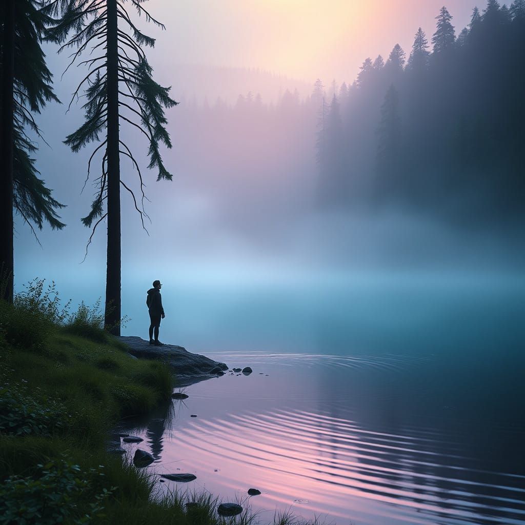 Ethereal Gloaming Landscape with Lone Figure and Serene Lake