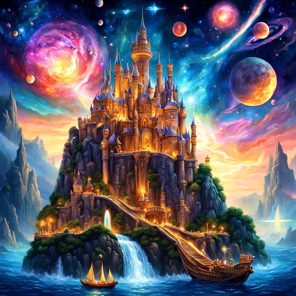 Majestic Castle City in Cosmic Sky with Vintage Ship