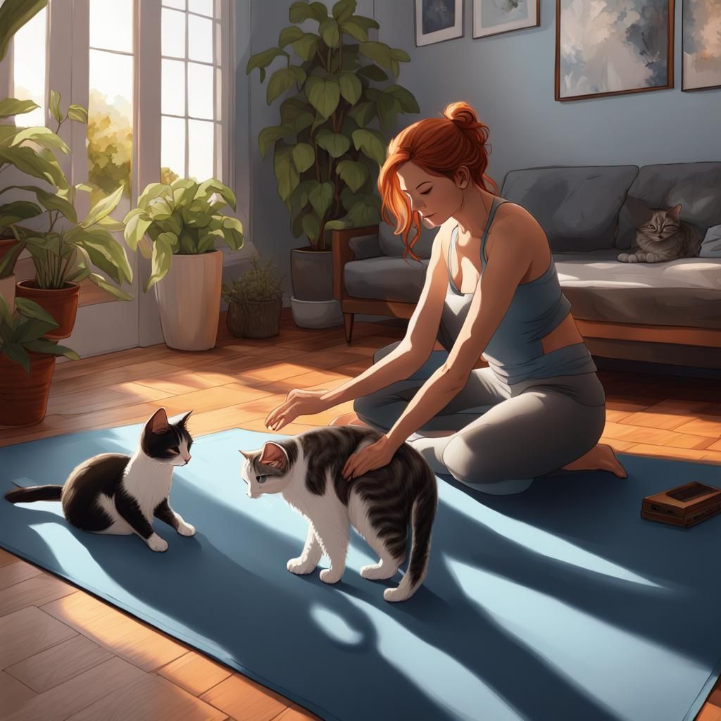 Woman Doing Yoga with Cats, Hyperdetailed Digital Art
