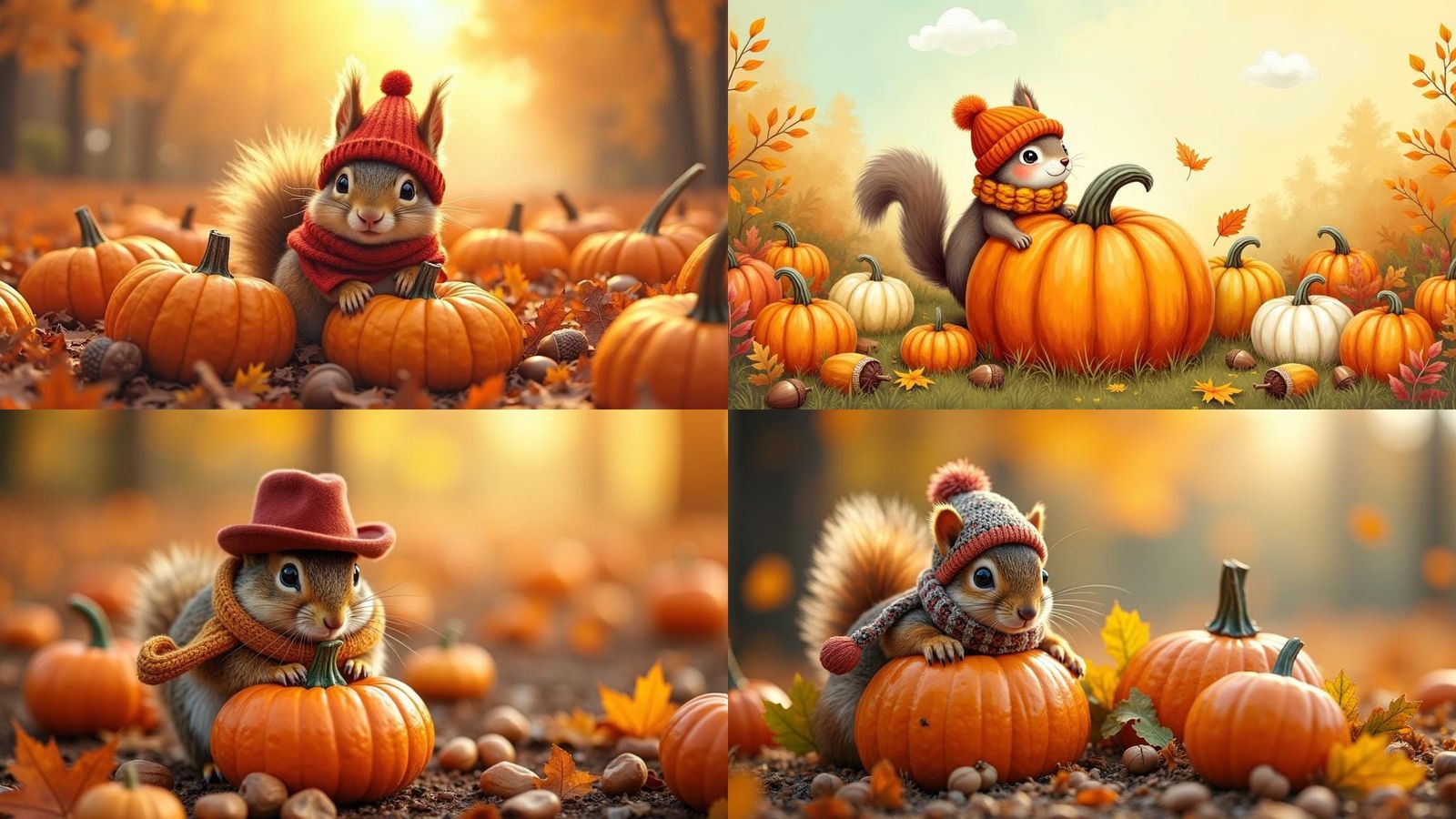 Squirrel in Hat Peeks Over Pumpkin in Patch
