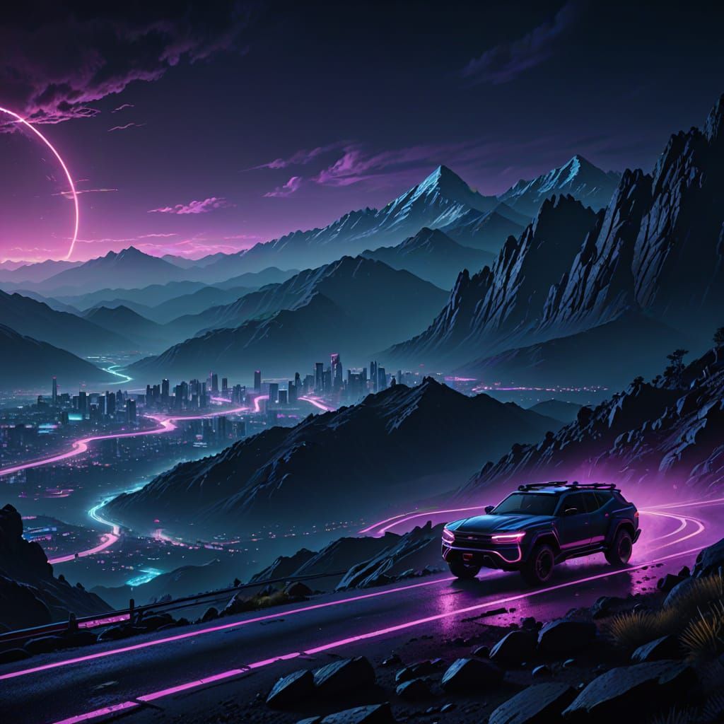 Cyberpunk Rocky Mountains at Night in Neon Noir
