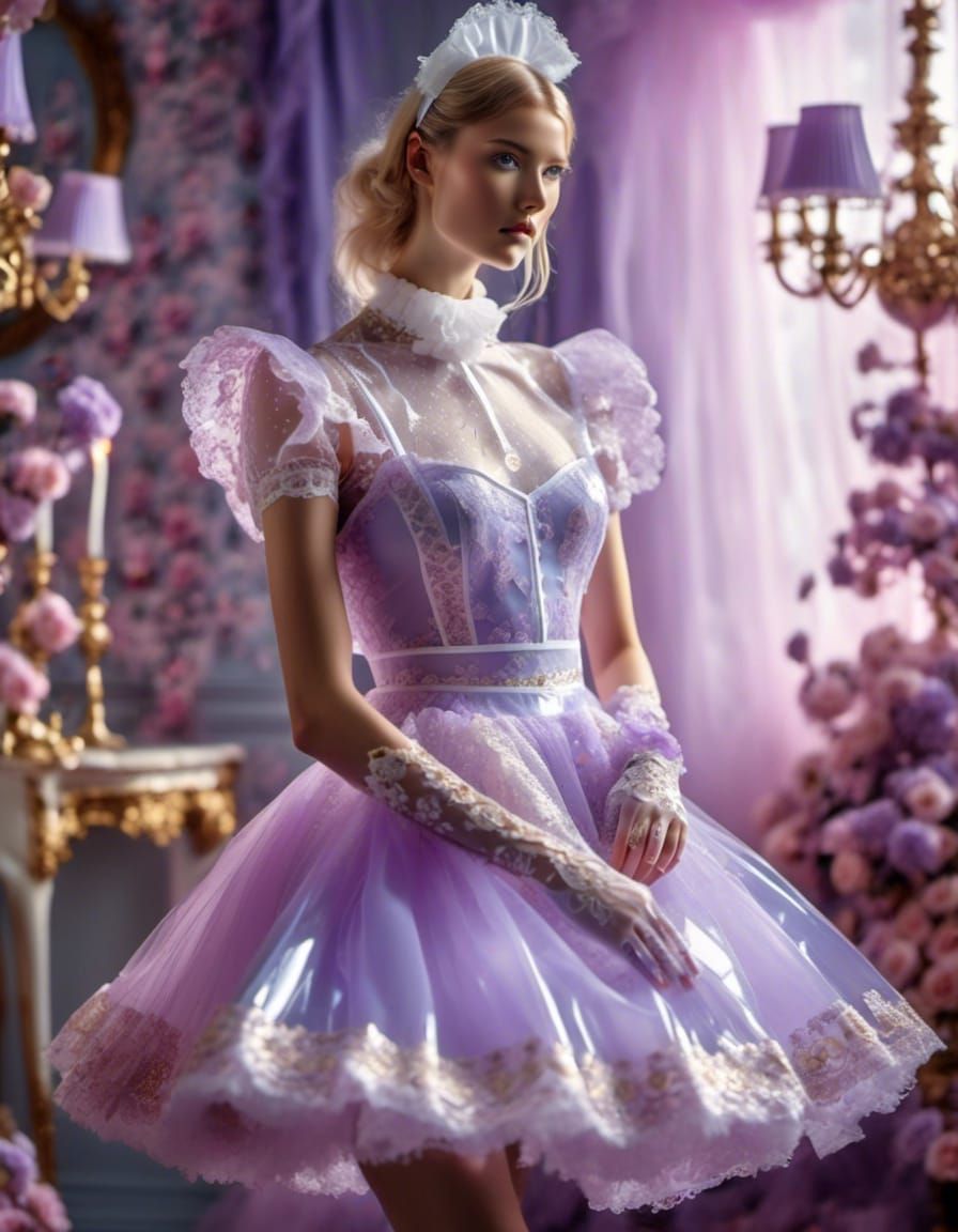 Woman in Lavender Plastic French Maid Outfit