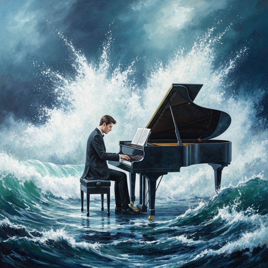 Pianist at Grand Piano Amidst Crashing Ocean Waves