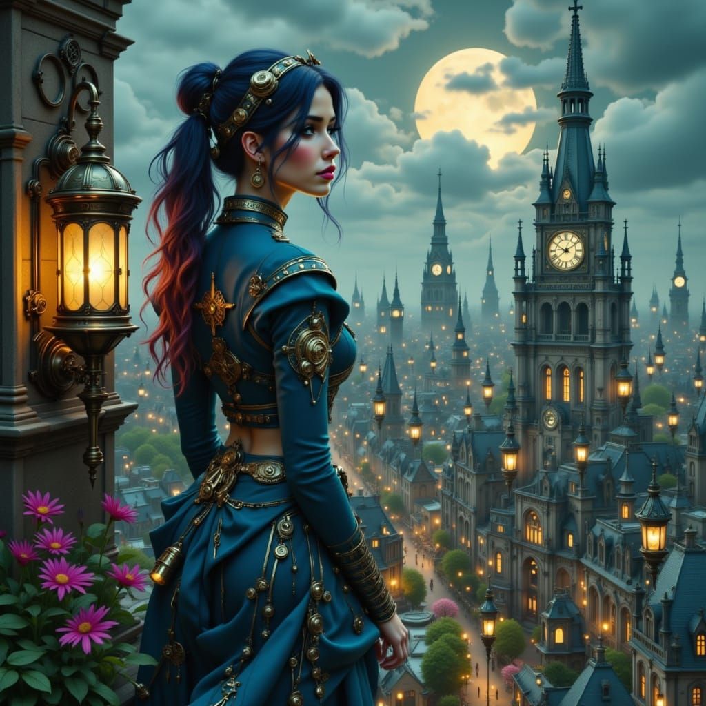 Steampunk Cityscape at Dusk with Elegant Ninja