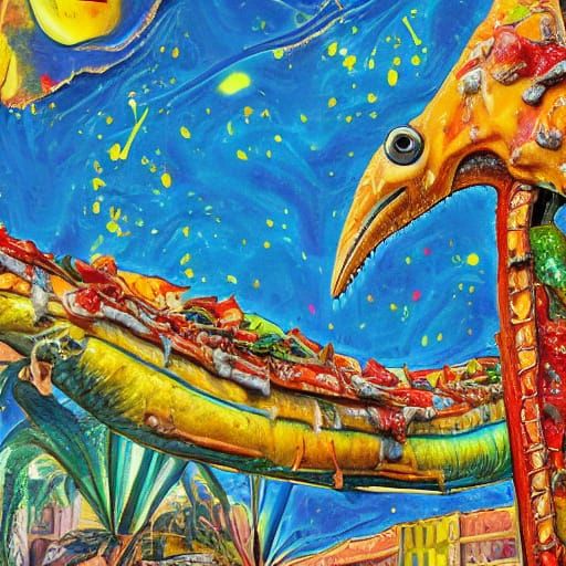 Diplodocus in Pizza Hat: Surreal Mixed Media Collage