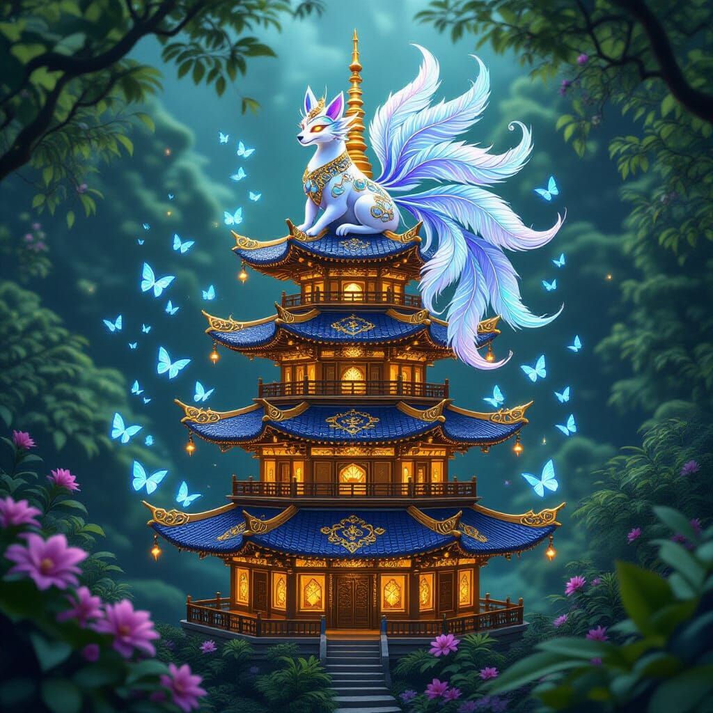 Floating Pagoda with Mandala Patterns and Nine-Tailed Fox