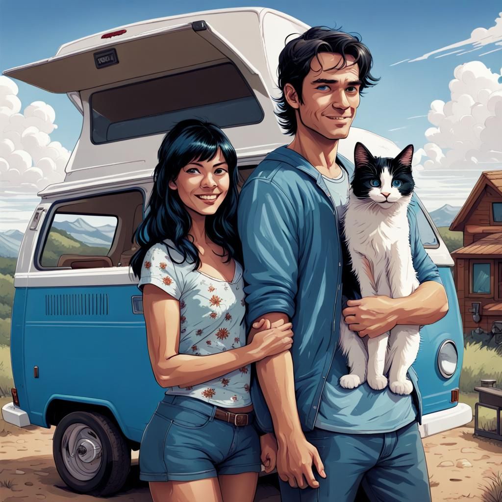Happy Vanlifers with Cat in Comic Book Art Style