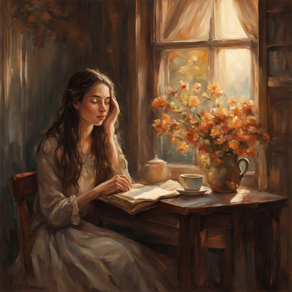 Thoughtful Woman Gazing Out Window in Golden Light