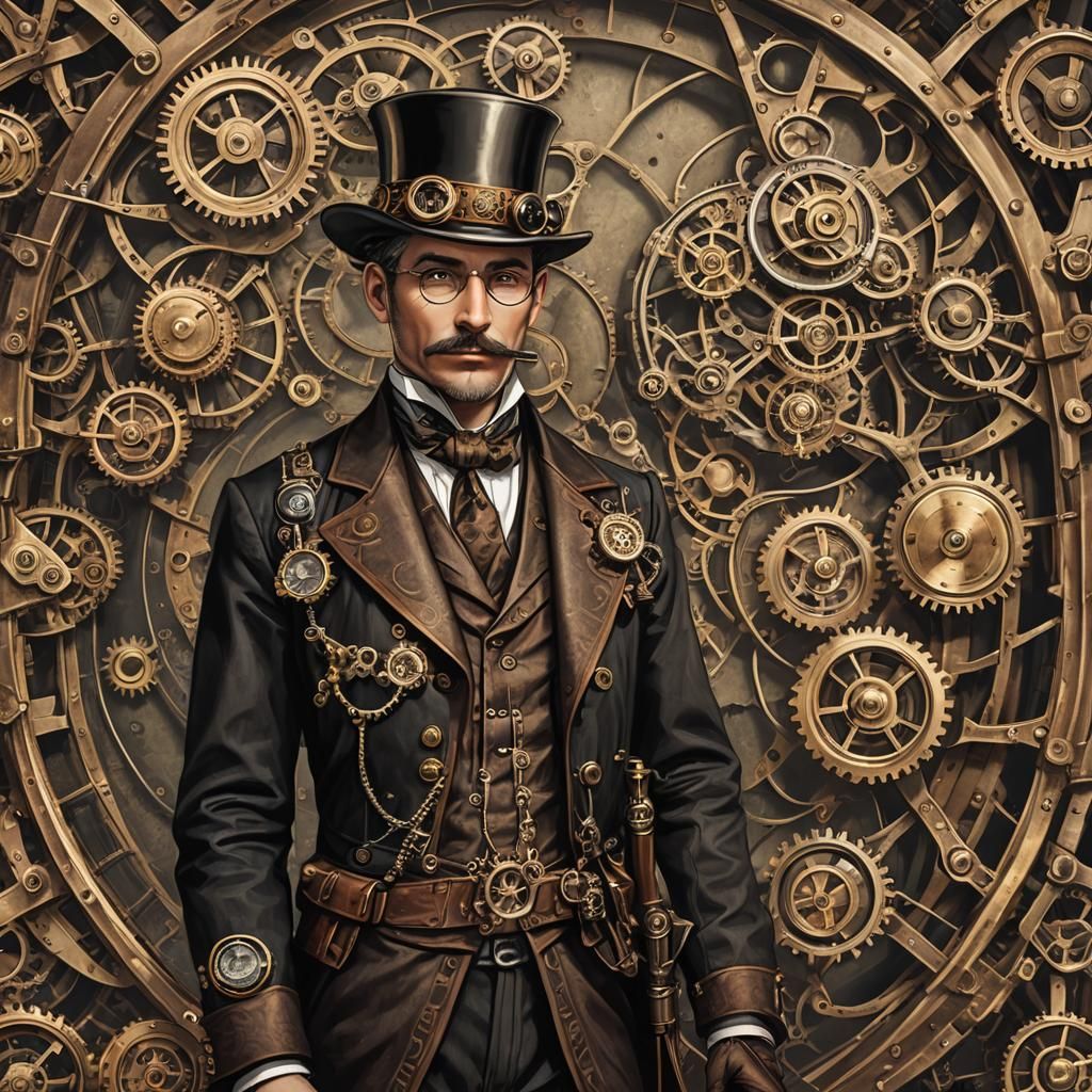 Steampunk Mechanical Gentleman in Detailed Attire