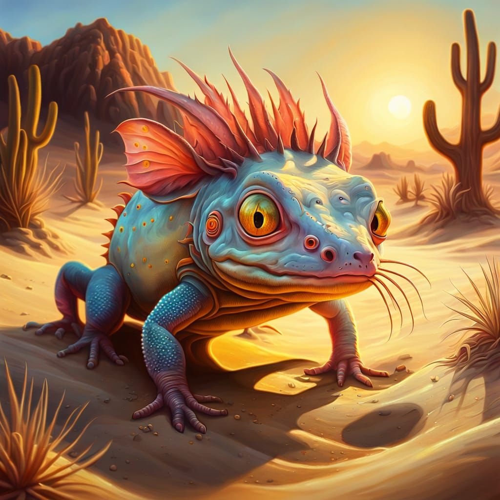 Axolotl in Dreamlike Desert Landscape