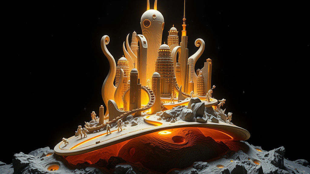 ("A hat featuring a miniature mo("A surreal cityscape with t...
