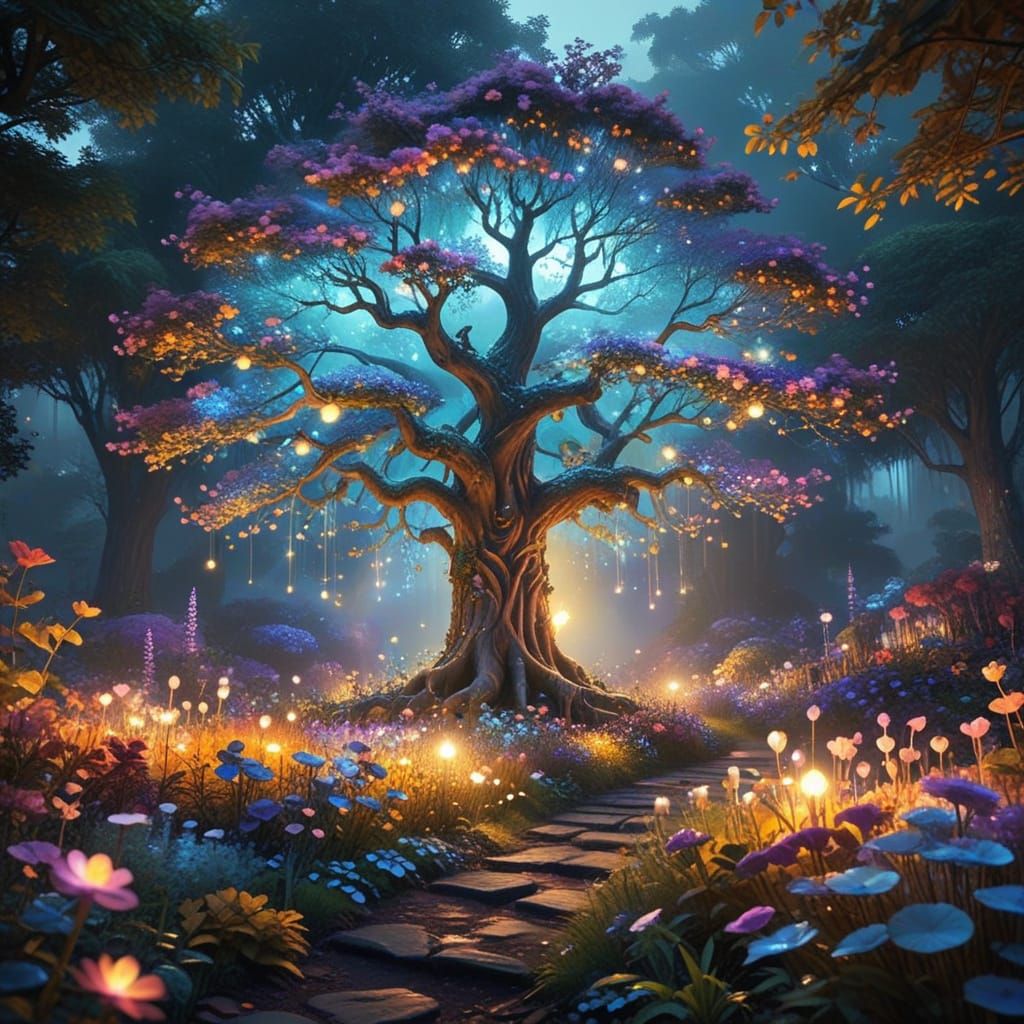 Enchanting Magical Tree in a Whimsical Garden Paradise
