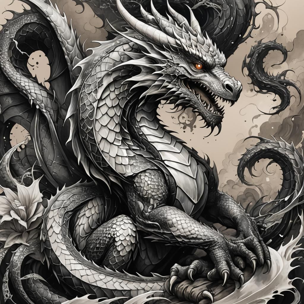 Monochromatic Dragon with Yin Yang Tattoo, Ink Painting