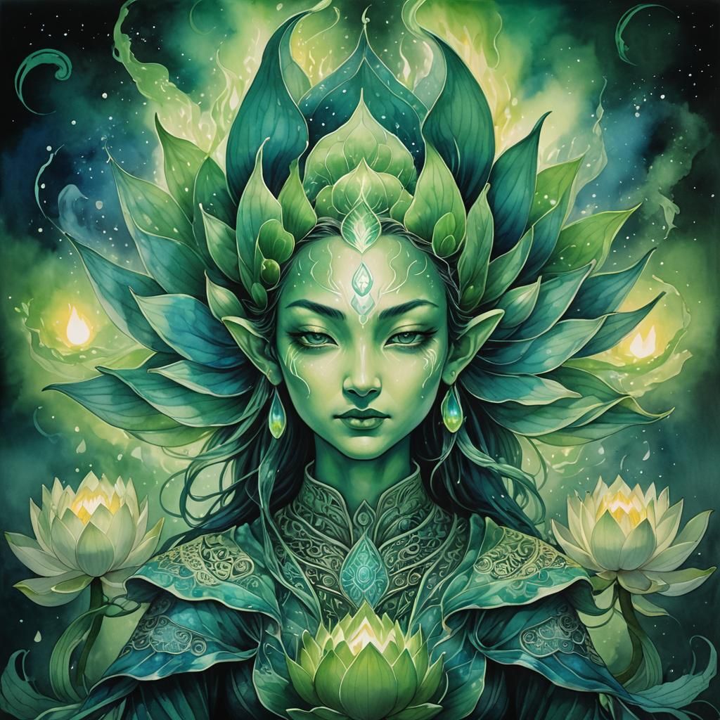 Glowing Green Fire Lotus in Ink Wash Style