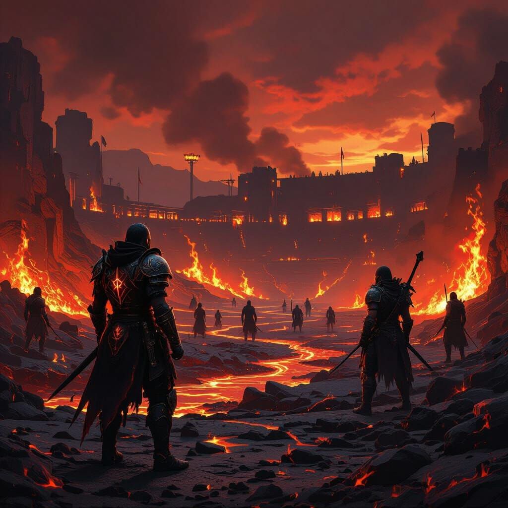 Inferno Tournament Arena with Charred Armor, Digital Art