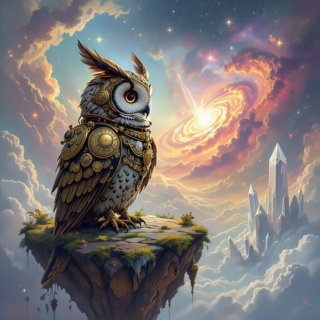 Clockwork Owl on Floating Island Gazing at Nebula