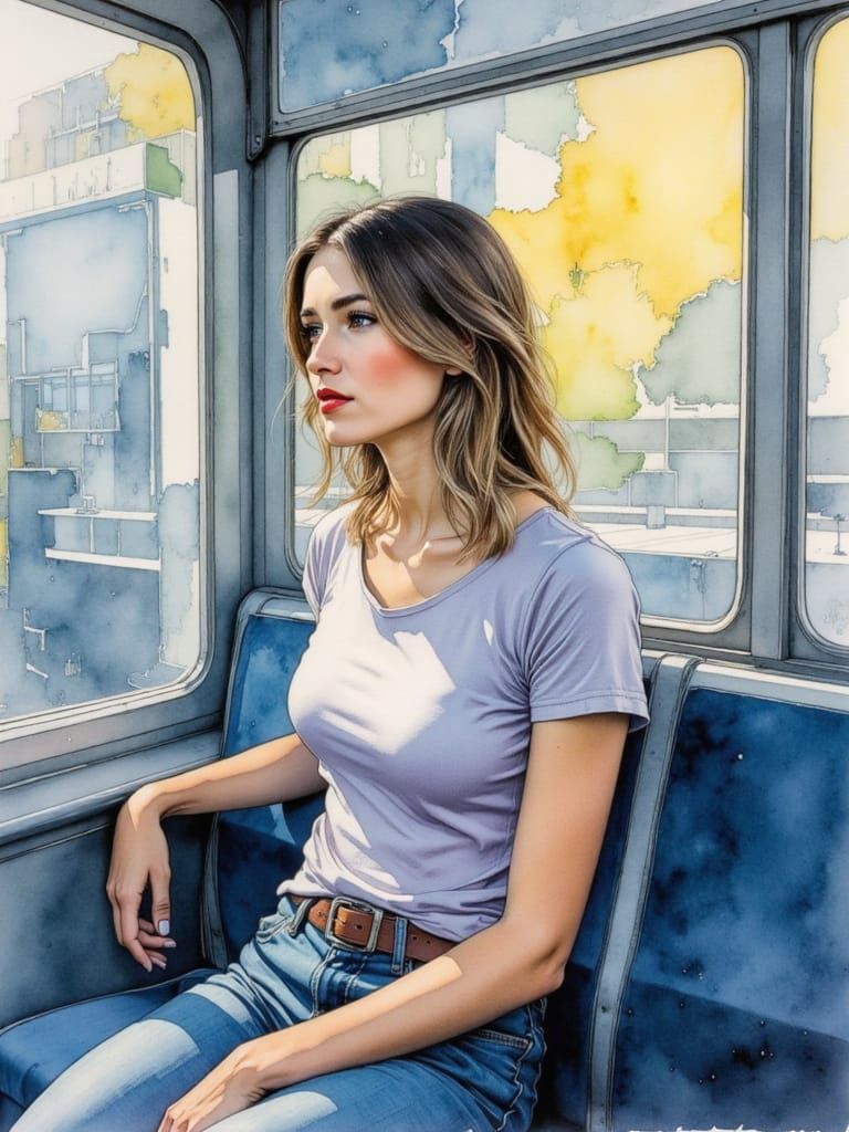 <lora:Nivis:0.8> a contemporary watercolor, watercolor effects, depict a woman sitting on a city bus looking out the win...