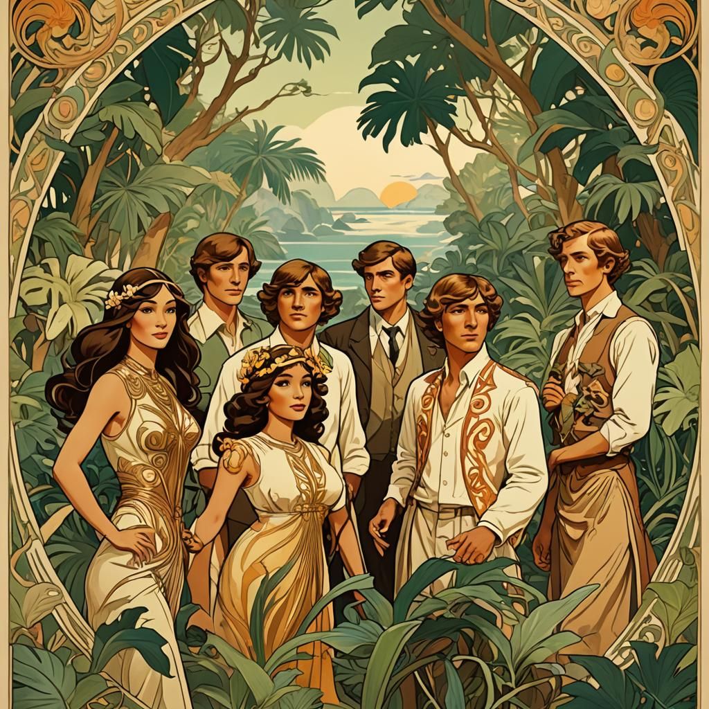An elegant Art Nouveau poster featuring characters from Gill...