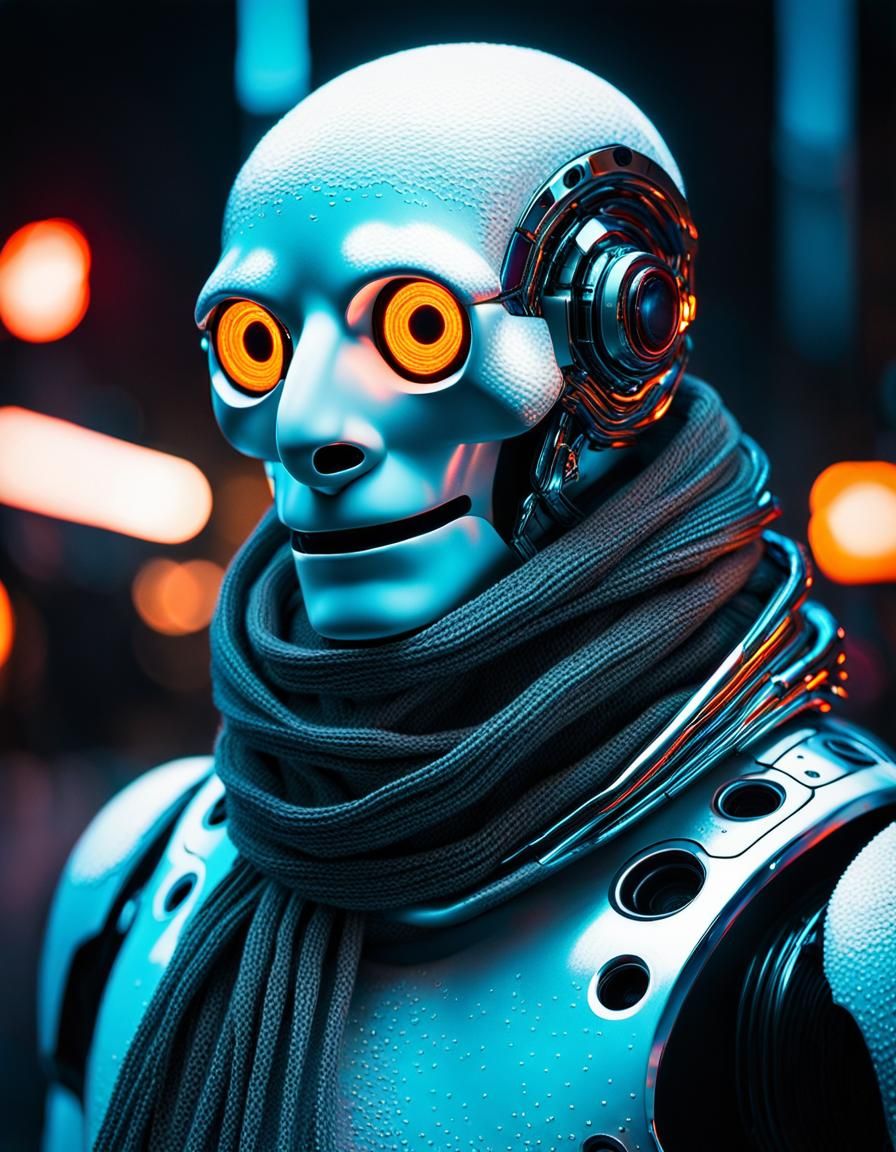 Futuristic Snowman with Glowing Eyes in Expressionism