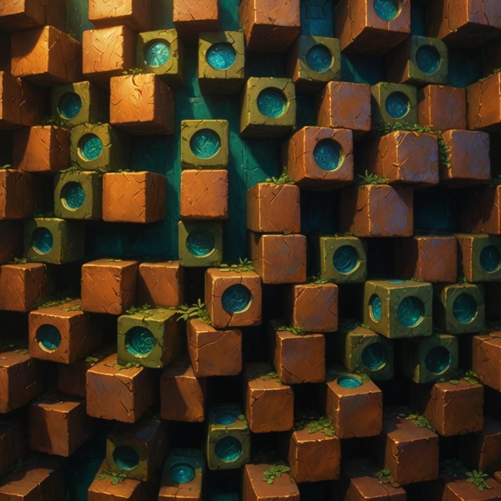 Mystical Copper Temple Bricks in Oil Painting Style