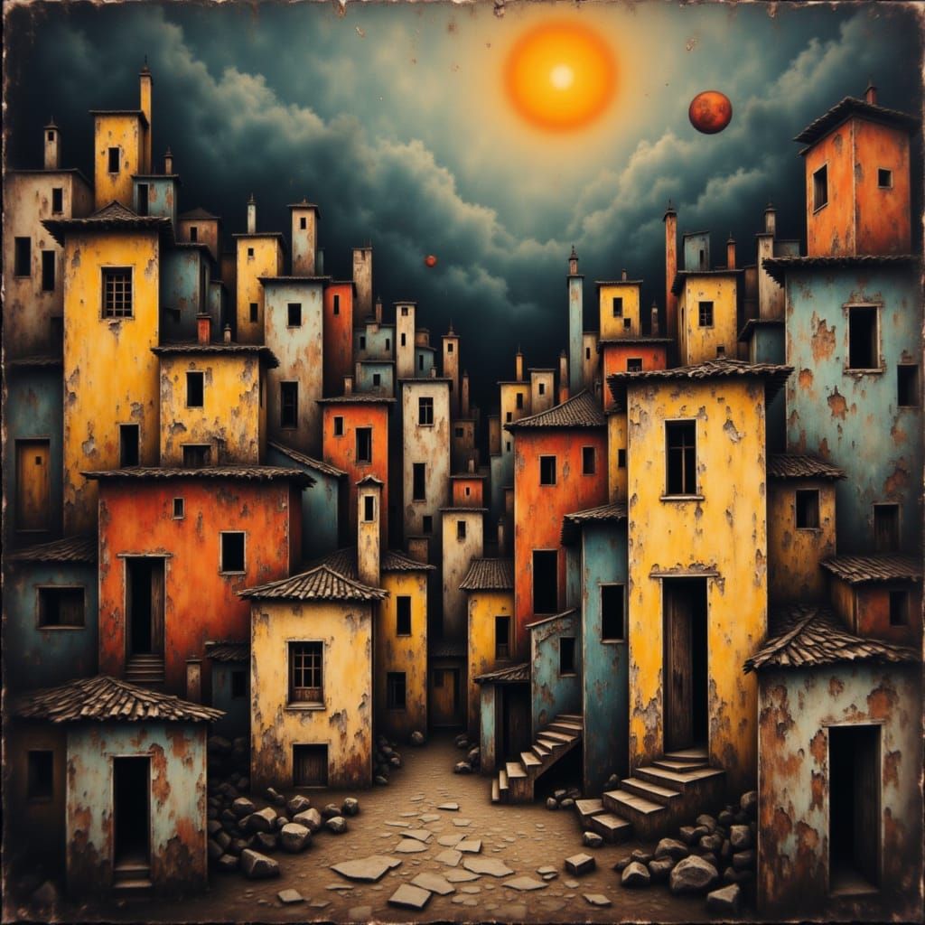 Whimsical Grunge Townscape in Neo Surrealist Style