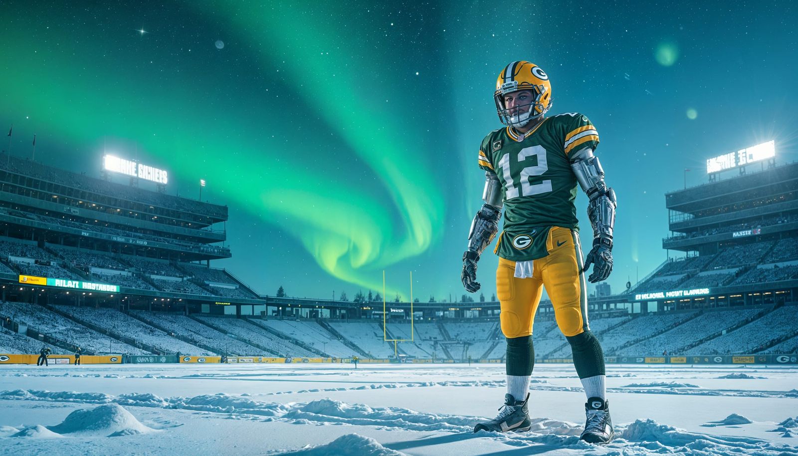 Cyborg Quarterback on Lambeau Field in Cosmic Horror Style