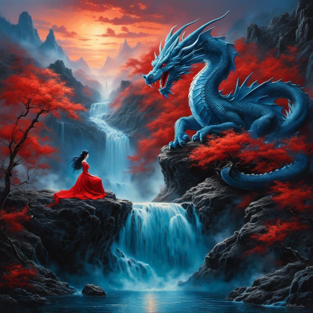 Dragon on Waterfall Stares at Princess