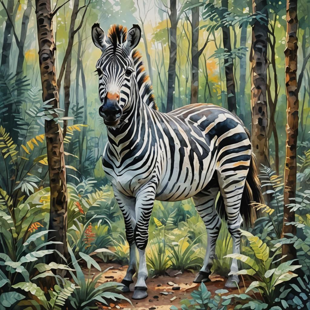 Zebra in Forest as Gouache Watercolor Painting