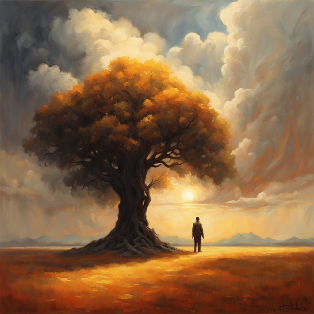 Surreal Square Landscape Oil Painting with Golden Light