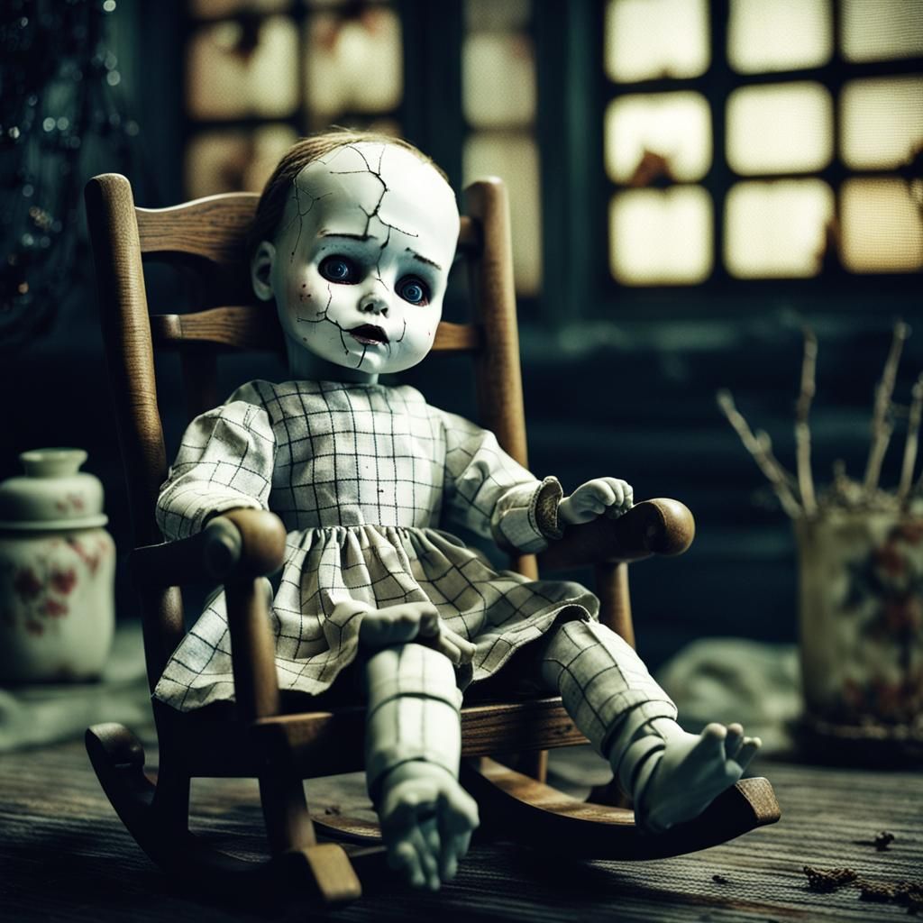 Unsettling Glitchcore Porcelain Doll in Dark Room