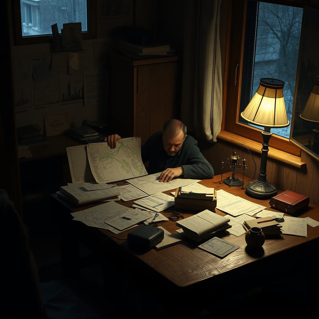 Secret Agent in Shadows: A Lone Figure Ponders in a Battered...